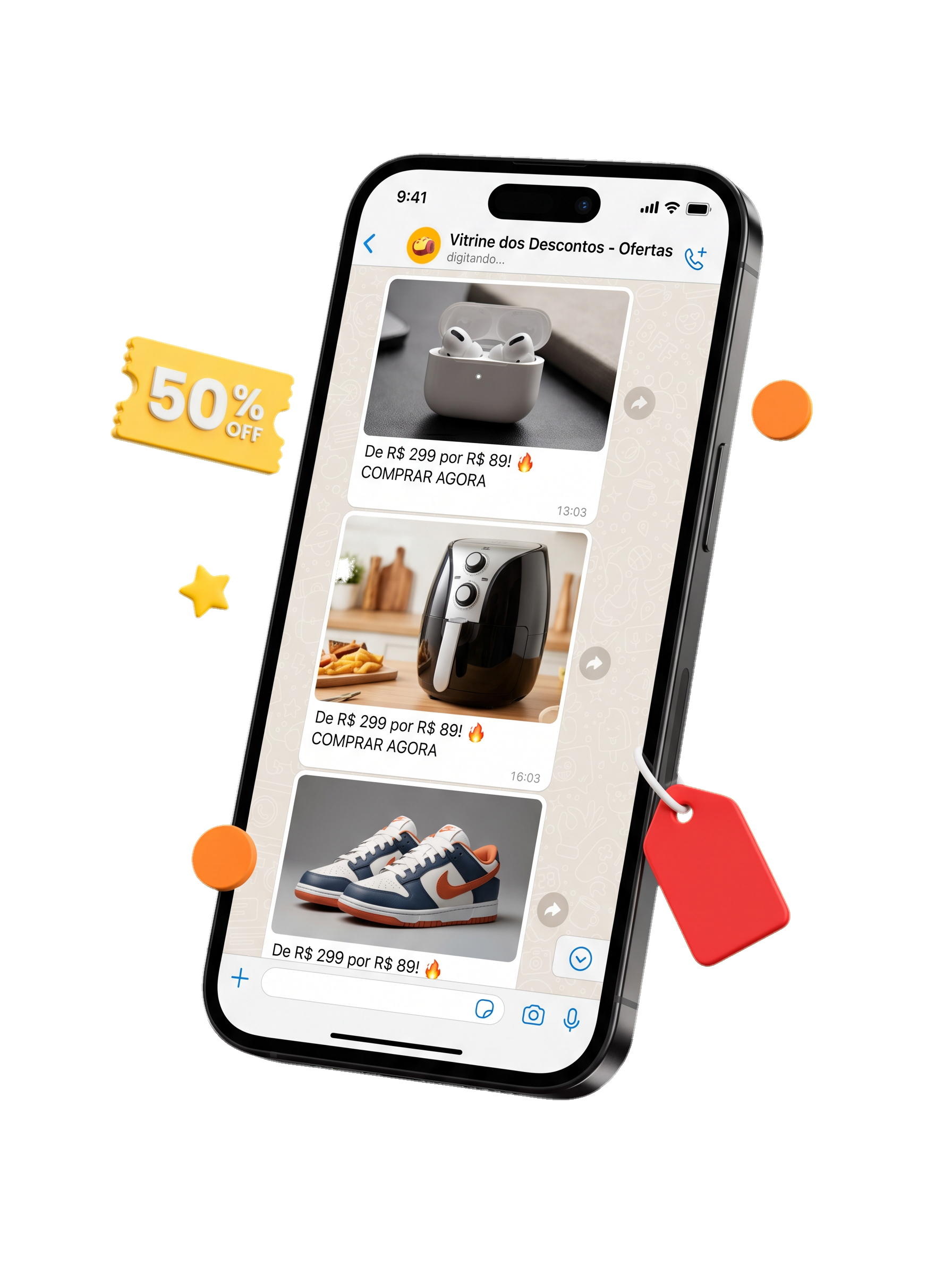 Celular mostrando o grupo Vitrine dos Descontos no WhatsApp com ofertas de produtos